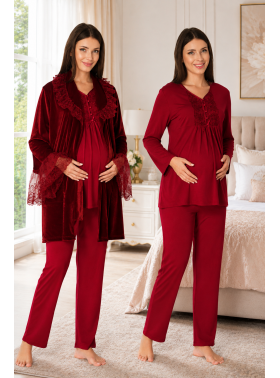 Effortt 8088V Vişne Kadife Sabahlıklı Dantelli Lohusa Pijama Takımı